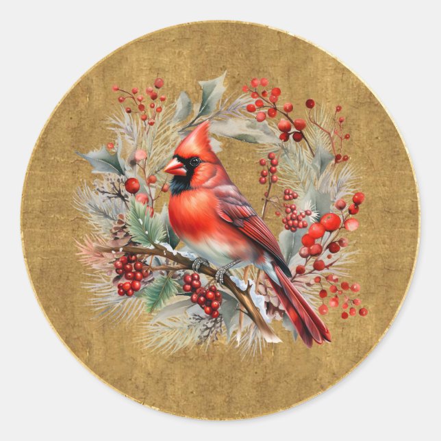 Red and Gold Cardinal  Classic Round Sticker (Front)