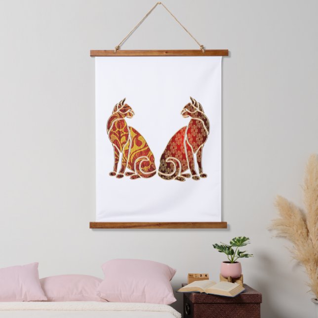 Red and Gold Cat Couple Hanging Tapestry (Bedroom)