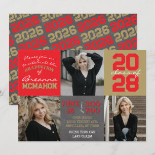 Red and Gold Chalkboard 3 Photo Graduation Invitation