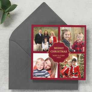 Red and Gold Christmas 4 Square Photos Collage Holiday Card