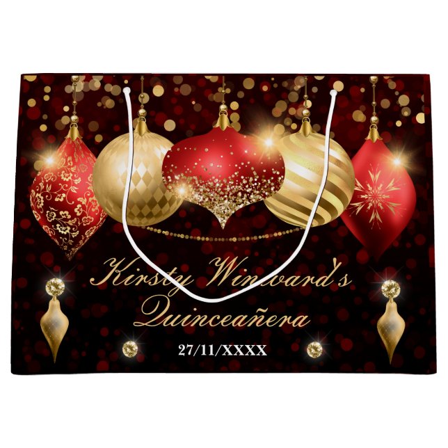Red and Gold Christmas Baubles Quinceañera Large Gift Bag (Front)