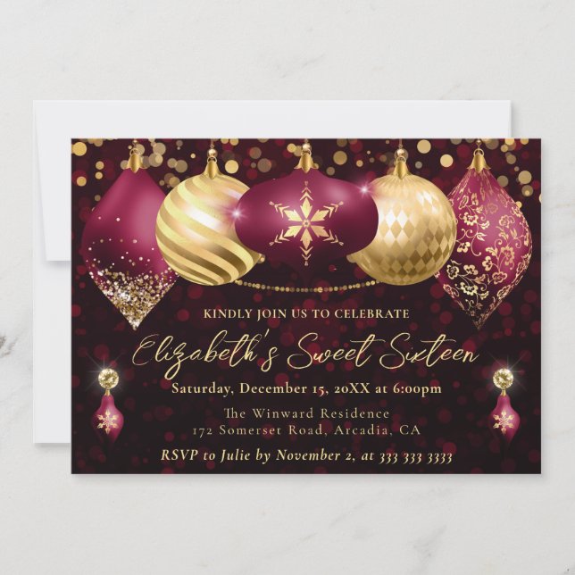Red and Gold Christmas Baubles Sweet 16 Invitation (Front)