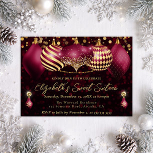 Red and Gold Christmas Baubles Sweet 16 Invitation