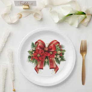 Red and Gold Christmas Bow Festive Paper Plate