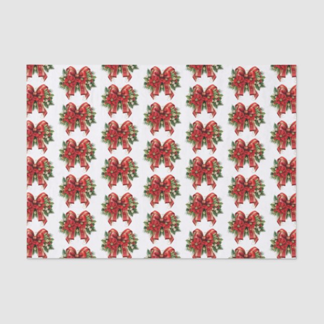 Red and Gold Christmas Bow Festive Pattern Tissue Paper (Front)