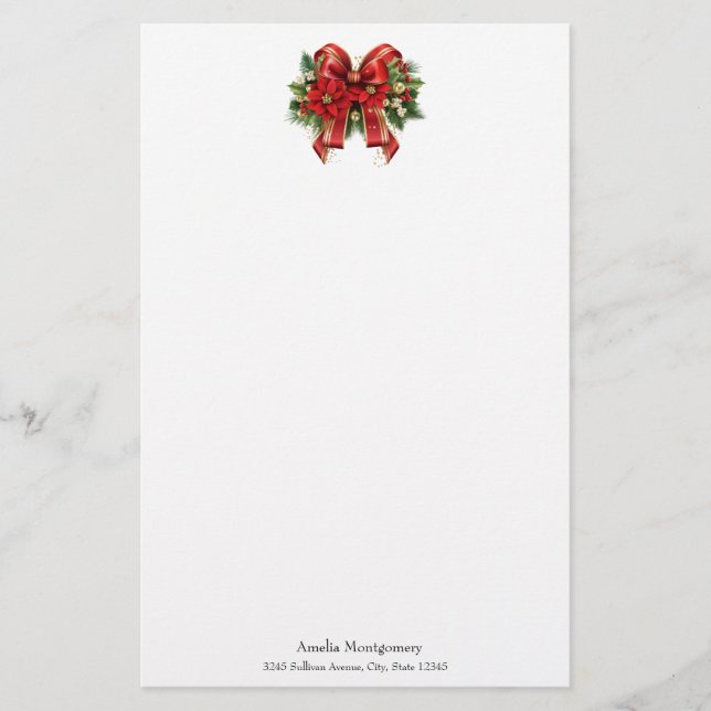 Red and Gold Christmas Bow Festive Stationery (Front)
