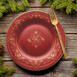 Red and Gold Christmas Elegance Dinner Paper Plate