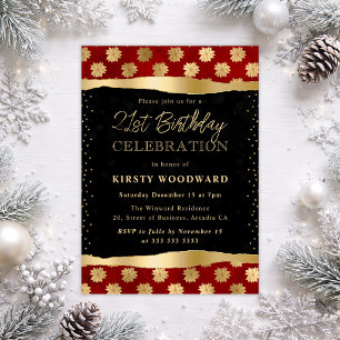 Red and Gold Christmas Flower 21st Birthday Invitation