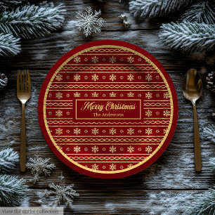 Red and Gold Christmas Luxe Snowflake Paper Plates
