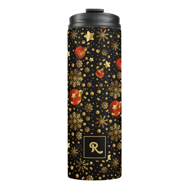 Red and Gold Christmas Ornaments Pattern Thermal Tumbler (Front)