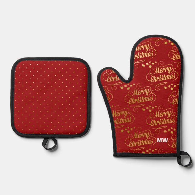 Red and Gold Christmas Oven Mitt & Pot Holder Set (Front)