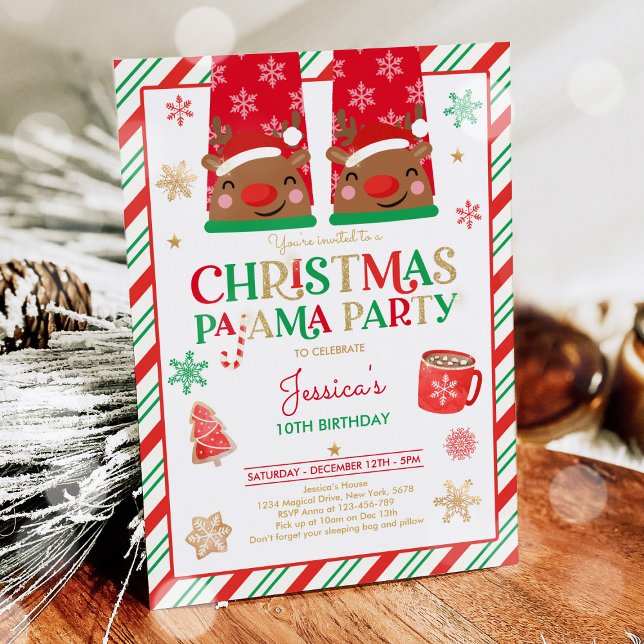 Red And Gold Christmas Pajama Birthday Party Invitation (Creator Uploaded)