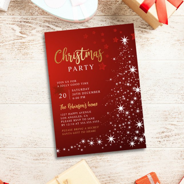 Red And Gold Christmas Party Stars Tree Invitation (Creator Uploaded)