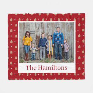 Red and Gold Christmas Pattern Custom Family Photo Fleece Blanket