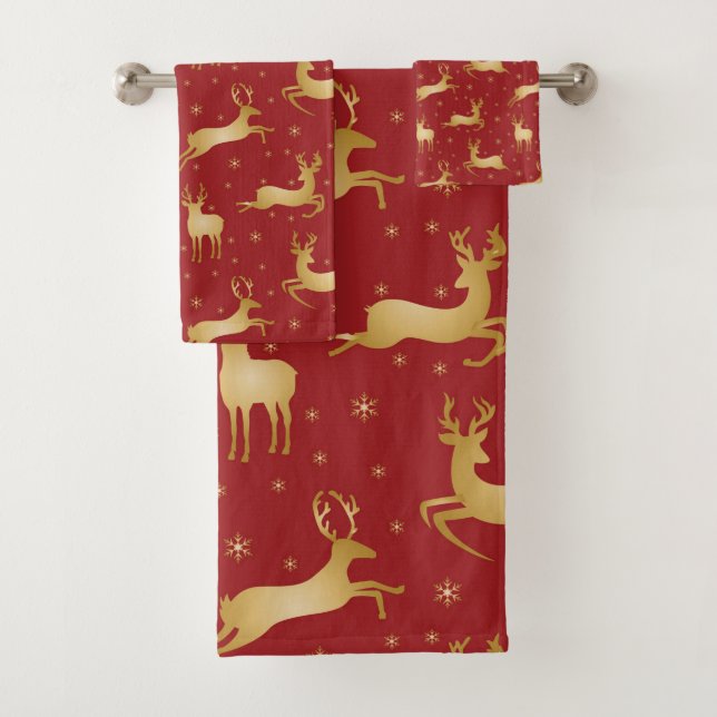 Red and gold Christmas reindeer Bath Towel Set (Insitu)