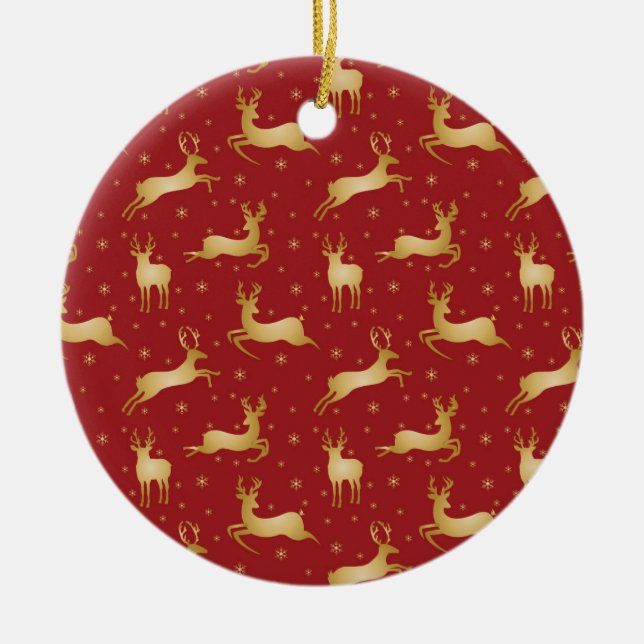 Red and gold Christmas reindeer Ceramic Tree Decoration (Front)