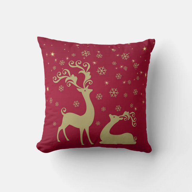 Red and gold Christmas reindeer Cushion (Front)