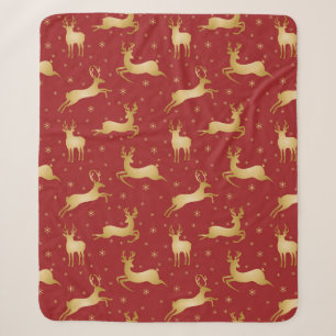 Red and gold Christmas reindeer Sherpa Blanket
