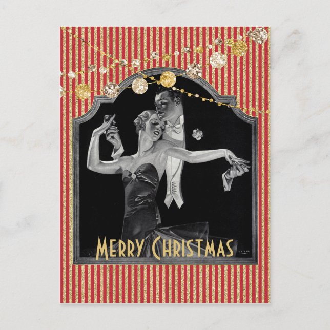 Red and Gold Christmas Thirties Dancing Deco Holiday Postcard (Front)