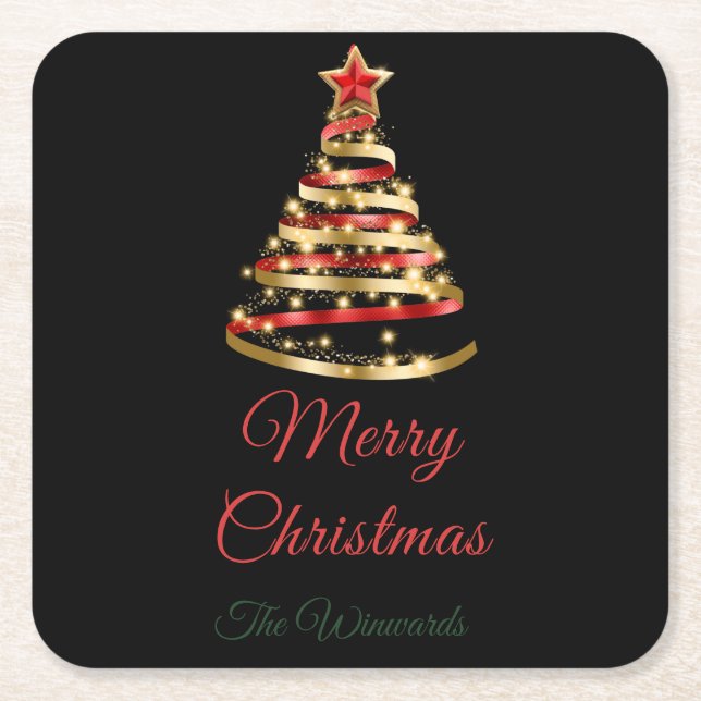 Red and Gold Christmas Tree Square Paper Coaster (Front)