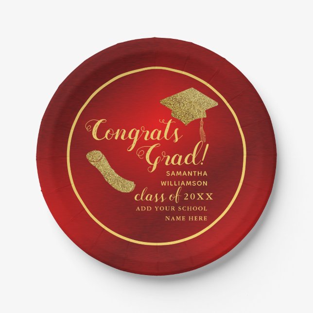 Red and Gold Class of 2025 Graduation Paper Plate (Front)