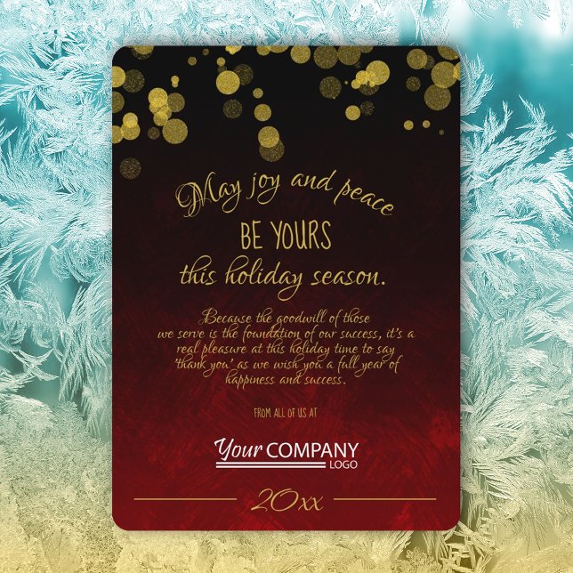 Red and Gold Company Holiday Card (ruby red gold shimmery lights company holiday christmas card red logo business greeting cards)