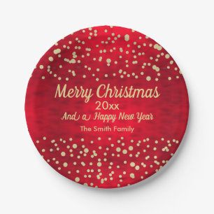 Red and Gold Confetti Christmas Pattern Paper Plate