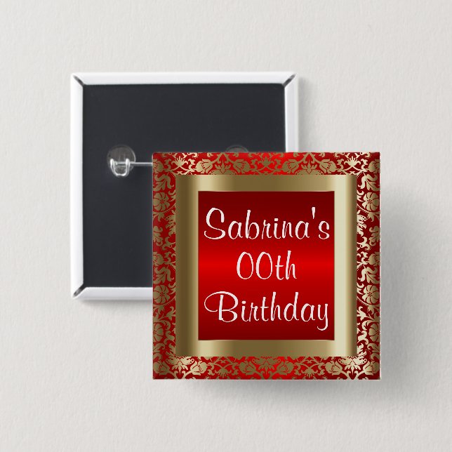 Red and Gold Damask - Any Birthday or Event 15 Cm Square Badge (Front & Back)