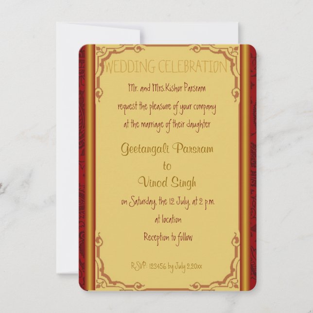Red and gold damask hindu wedding invitation (Front)