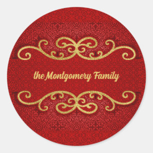Red and Gold Damask Swirls with Custom Name Classic Round Sticker