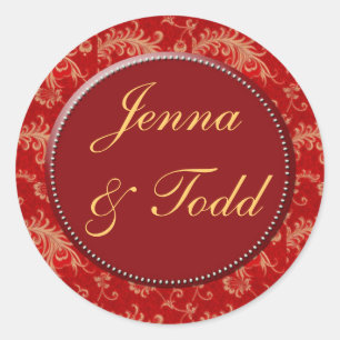 Red and gold damask wedding stickers