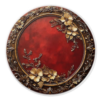 Red and Gold Dark Academia Floral Design Ceramic Knob