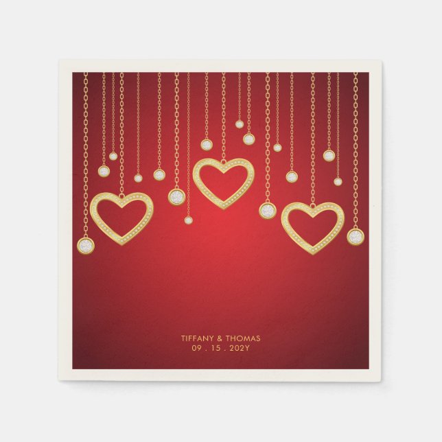 Red and Gold Diamond Heart Drip Elegant Jewel Napkin (Front)