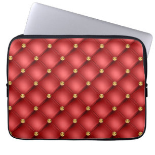 Red and Gold Diamond Tufted Leather Texture Luxury Laptop Sleeve