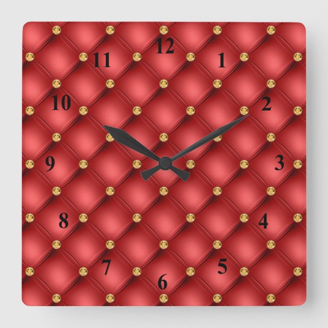Red and Gold Diamond Tufted Leather Texture Luxury Square Wall Clock (Front)