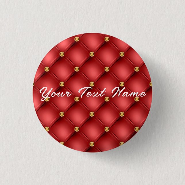 Red and Gold Diamond Tufted Leather Your Text Name 3 Cm Round Badge (Front)