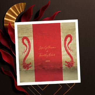 Red and Gold Dragon Asian Themed Wedding Napkin