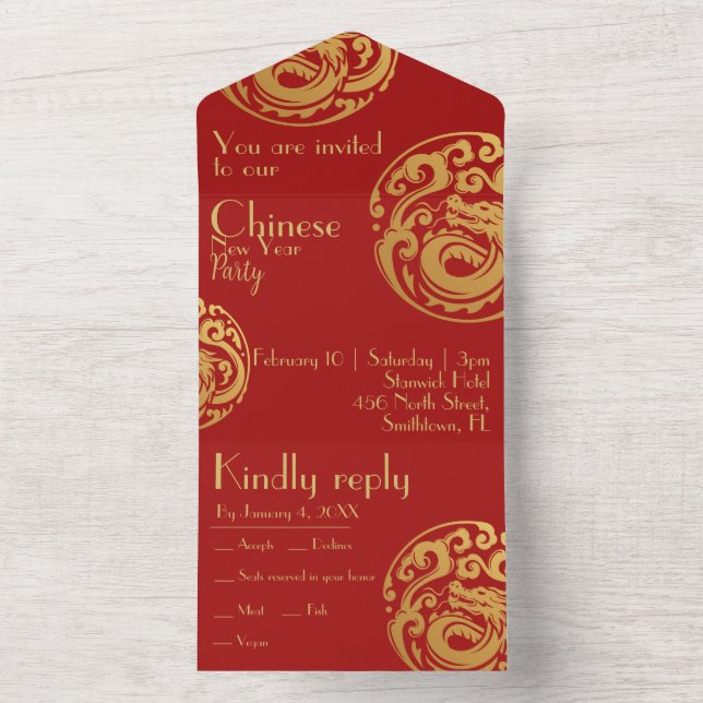 Red and gold, dragon crest, Chinese new year, All In One Invitation (Inside)