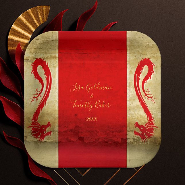 Red and Gold Dragon Fantasy Asian Theme Wedding Paper Plate (Red and Gold Dragon Fantasy Asian Theme Wedding Paper Plates)