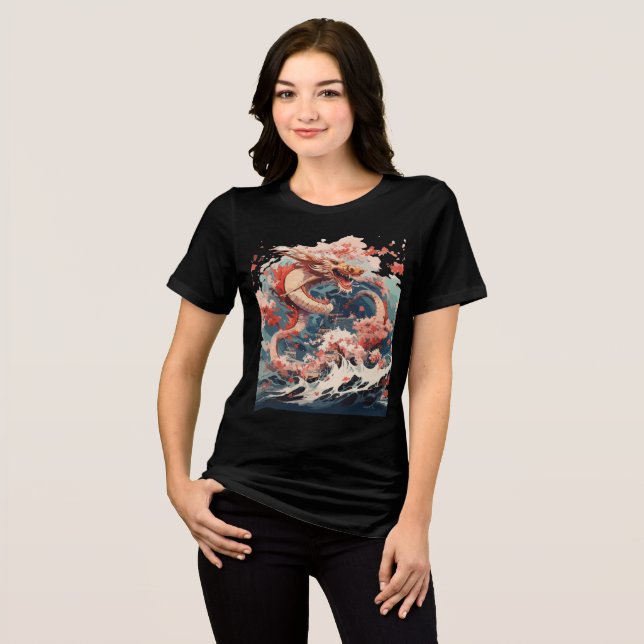 Red and Gold Dragon Over Stormy Sea Tri-Blend Shirt (Front Full)