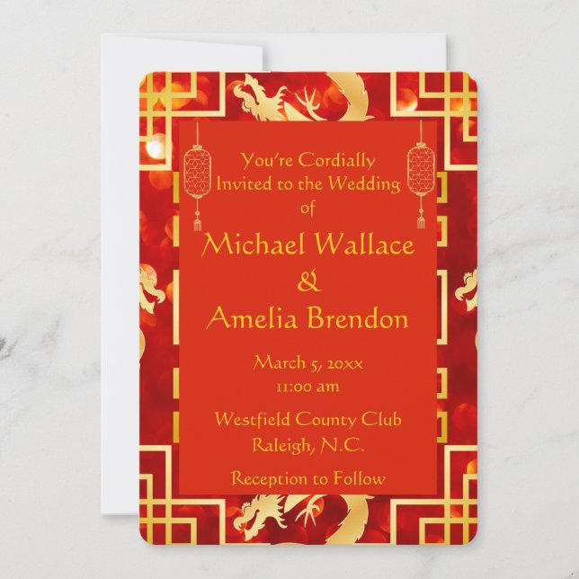 Red and Gold Dragon Wedding Round Invitation (Front)