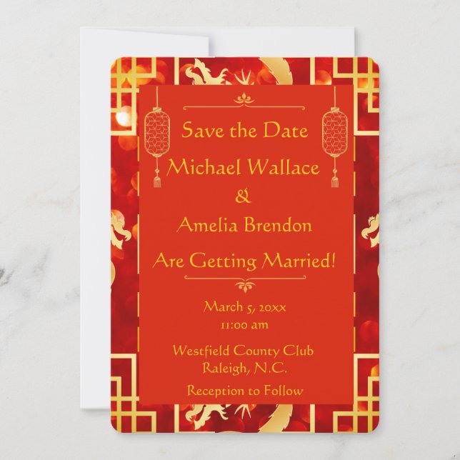 Red and Gold Dragon Wedding Save the Date (Front)