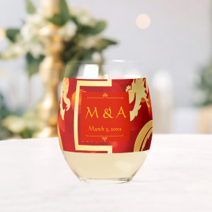 Red and Gold Dragon Wedding Stemless Wine Glass