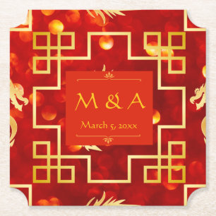 Red and Gold Dragon Wedding Ticket Paper Coaster 