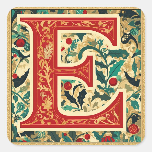 Red and Gold 'E' with Christmas Greenery Square Sticker (Front)