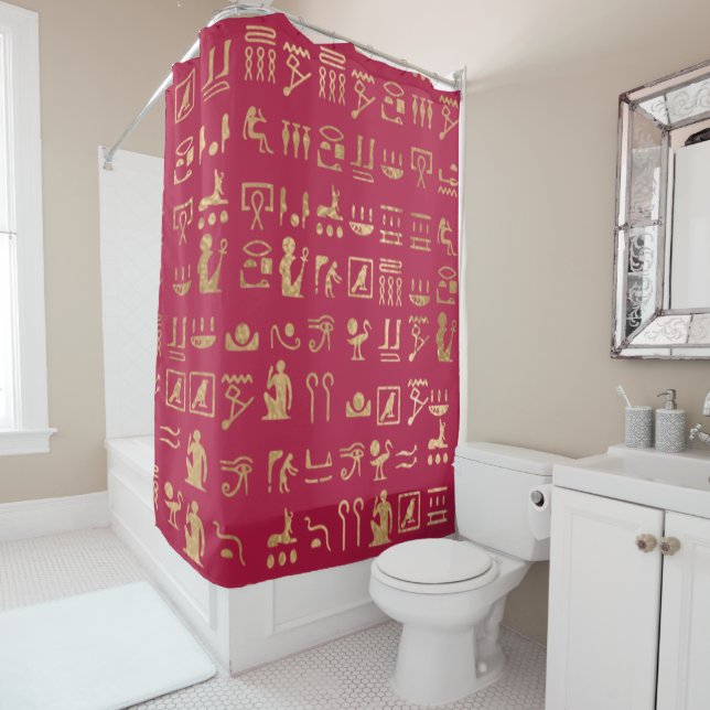 Red and Gold Egyptian Hieroglyphics Shower Curtain (In Situ)