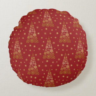 Red and Gold Elegant Christmas Tree Round Cushion