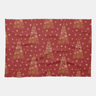 Red and Gold Elegant Christmas Tree Tea Towel