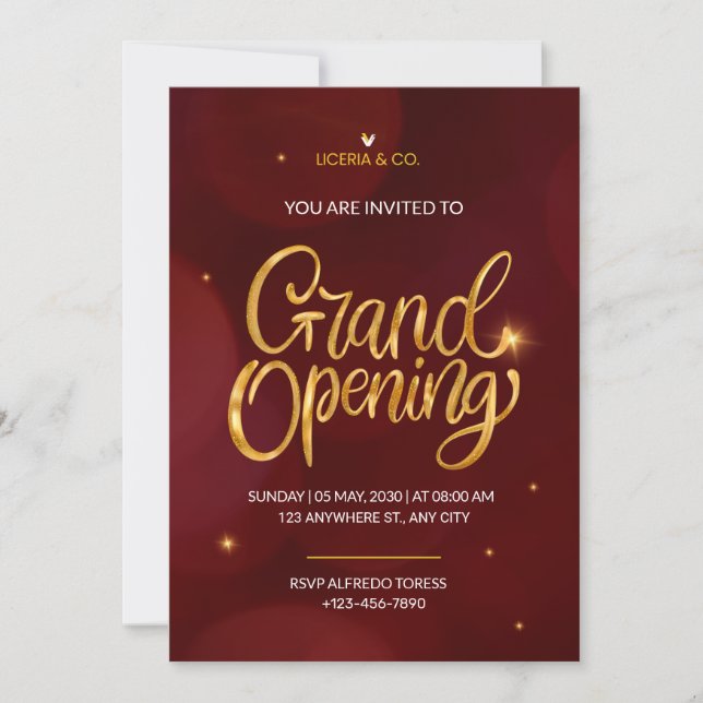 Red and Gold Elegant Grand Opening Invitation (Front)