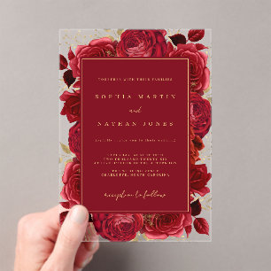 Red And Gold Elegant Rose Clear Wedding Acrylic Invitations